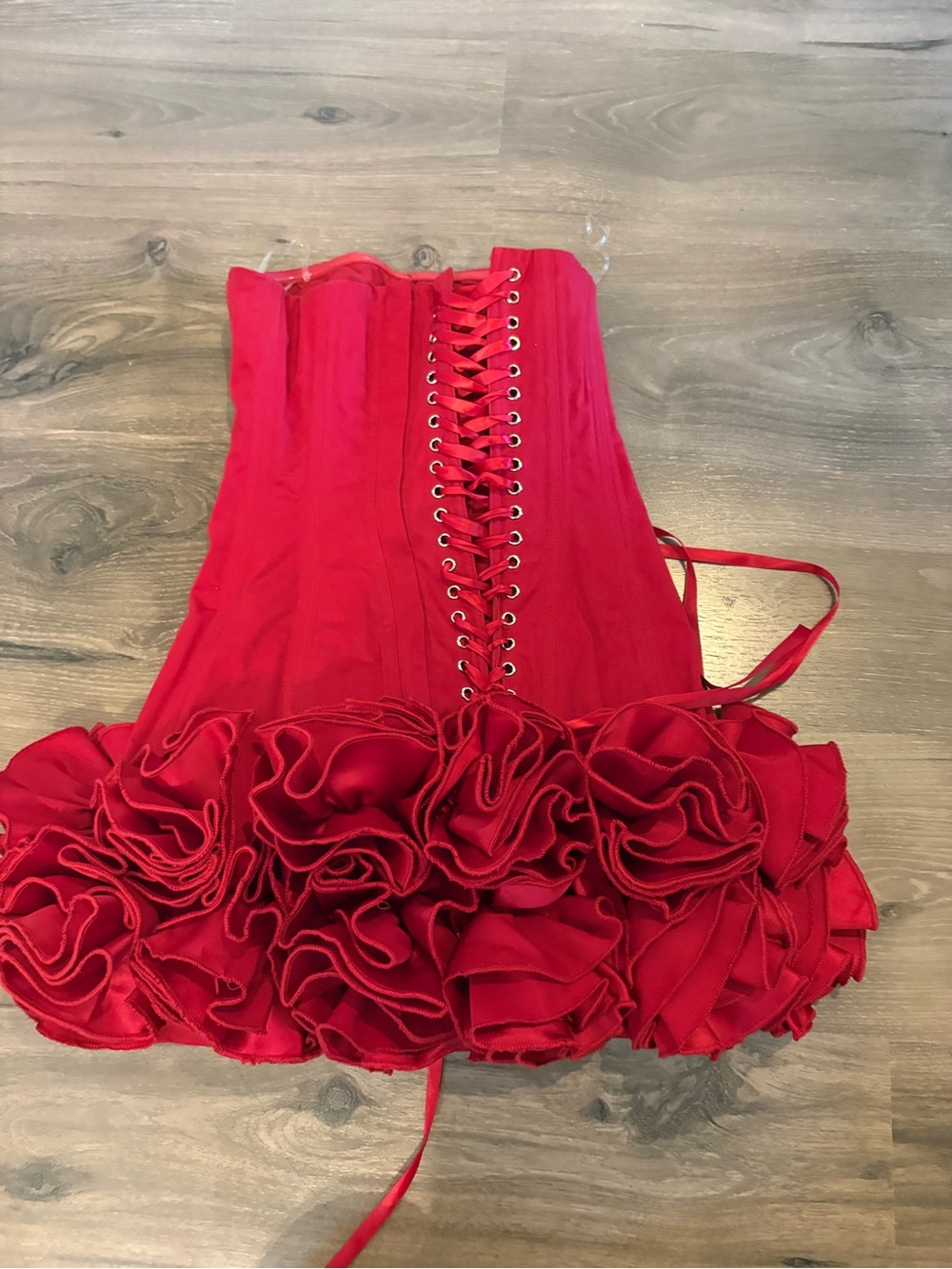 Red Lace-Up Corset Mini Dress with Ruffle Hem